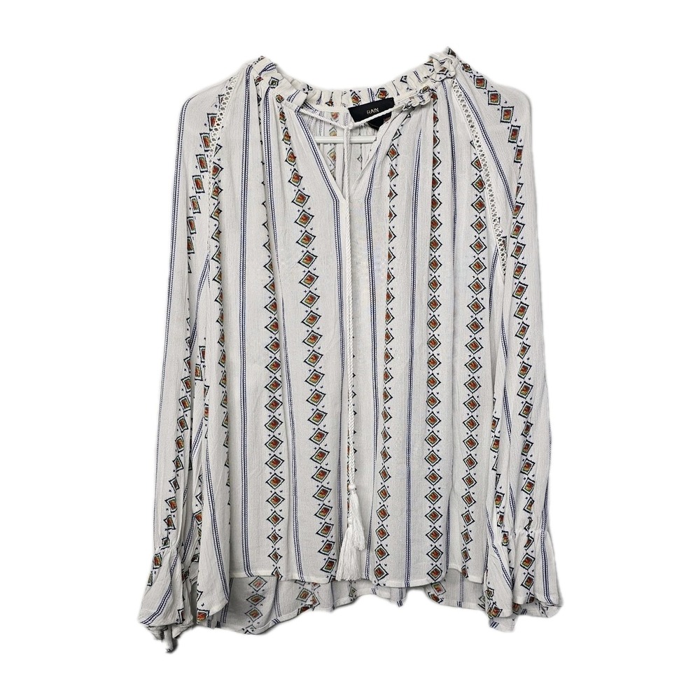 Rain Womens XL Tunic Blouse Long Sleeve Tassel Boho Beachy Viscose Top EUC